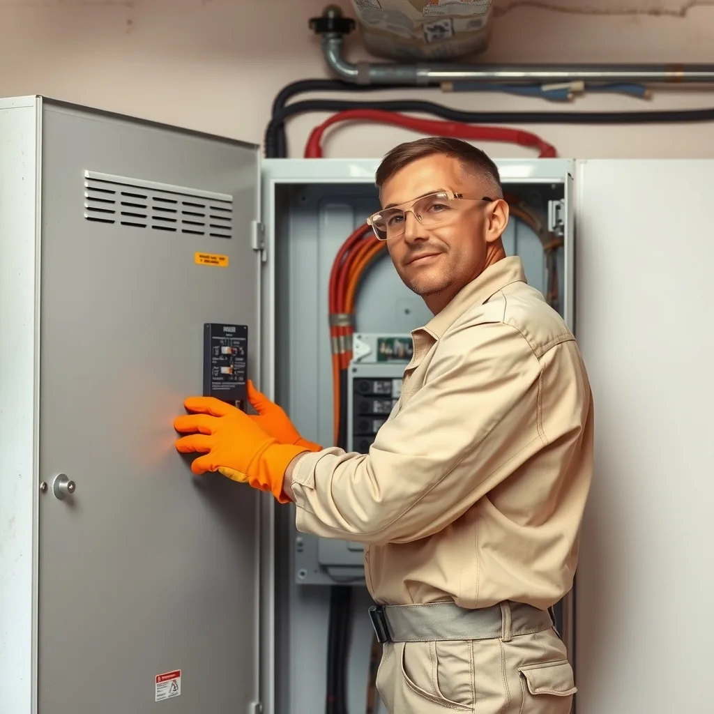 A licensed electrician in safety glasses and gloves working on an open electrical panel.
