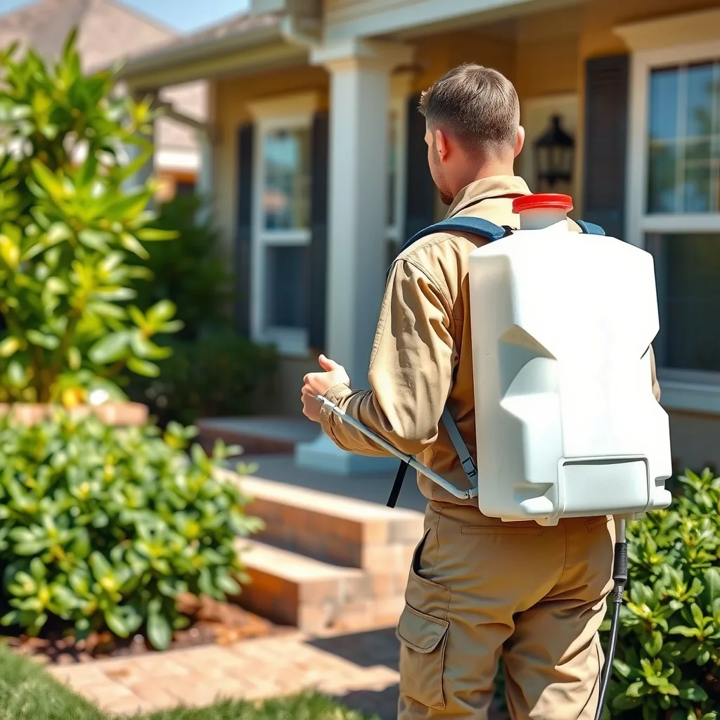 A pest control technician with a backpack sprayer treating the exterior of a home.