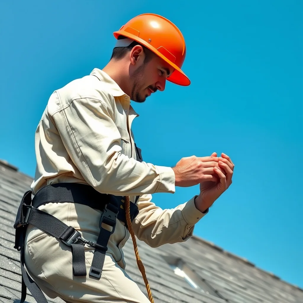 A roofer in a safety harness inspecting shingles on a suburban home roof.