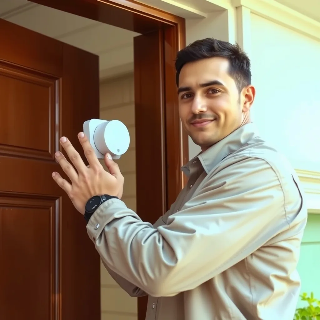 A security system installer mounting a small alarm sensor near a front door.